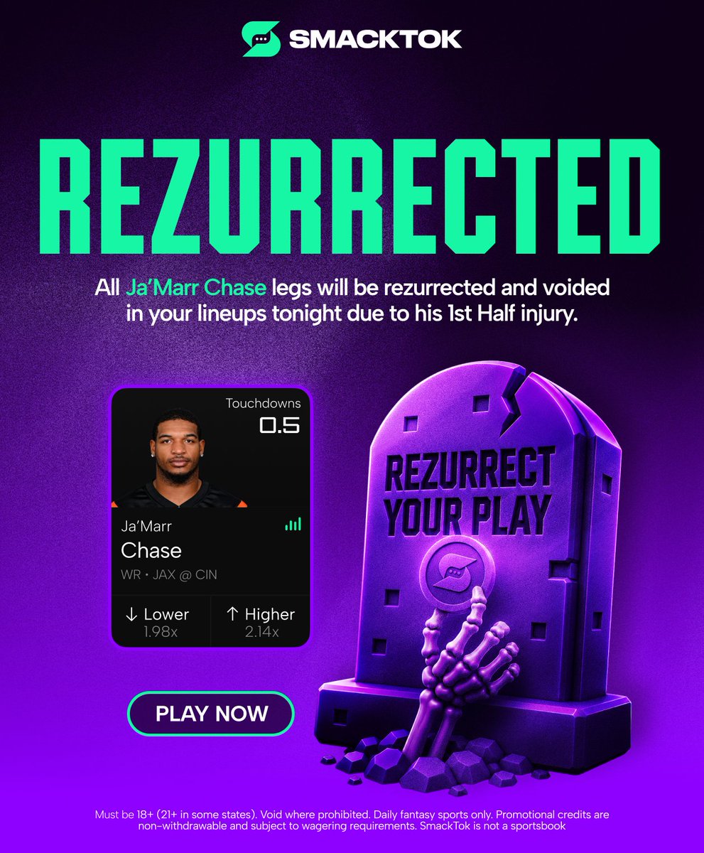 smacktok's tweet photo. 🚨💀 JA'MARR CHASE - REZURRECTED 💀🚨

All Ja'Marr Chase legs in your SmackTok lineups have been REZURRECTED and voided due to his 1H early exit 🤝 https://t.co/c7GS9qB4Nv