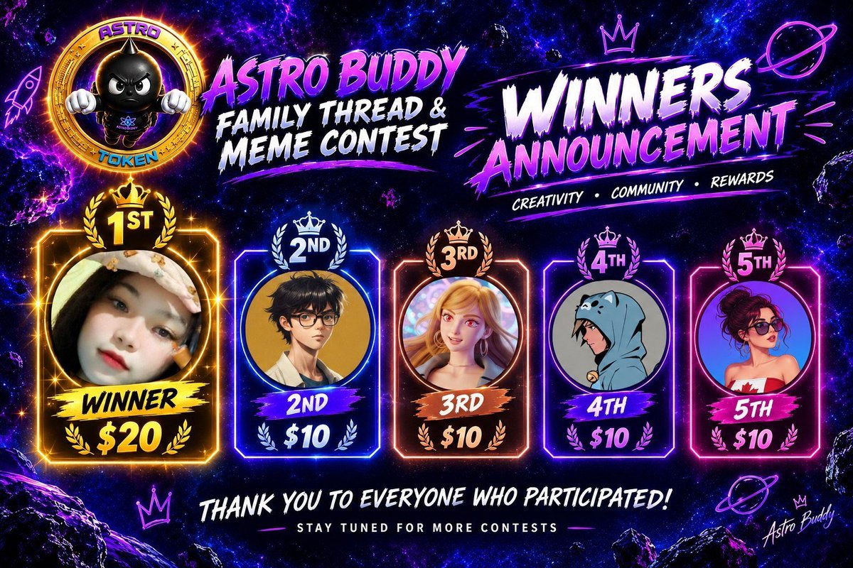 AstroBuddyCoin's tweet photo. ASTRO BUDDY CONTEST 🏆WINNERS ARE OFFICIALLY LIVE!

🥇 1ST PLACE — $20
@Madlontong15

🥈 2ND PLACE — $10
@Maple_wink

🥉 3RD PLACE — $10
@mrkhalidmaan0

🏅 4TH PLACE — $10
@@DARKMATTERADMIN

🏅 5TH PLACE — $10
@joko_spot98

Congratulations to all the winners! 🚀

💜 We truly appreciate everyone who took part in the Astro Buddy Family contest.

Your creativity, effort, and support didn’t go unnoticed. Big appreciation to everyone who participated, including those who didn’t make the top 5 this time.

For everyone else, keep creating and stay active. More contests, more chances, and more rewards are coming.
All winners should send their sol address to @sezemma to receive there prizes 

Your turn could be next. 🌌💜
#ASTROBUDDY