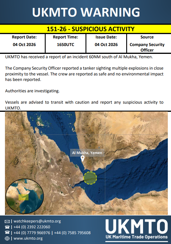 UK_MTO's tweet photo. UKMTO WARNING 151-26

Click here to view the full product.
https://t.co/MonDRJHmN4

#MaritimeSecurity #MarSec https://t.co/5U9KaNsnc2