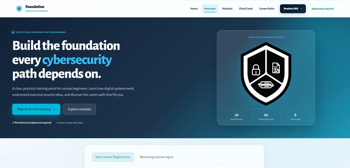 youngdestinya's tweet photo. Truststack Academy Free Online Cybersecurity Foundation

1. First-Time Enrolment (New Learners)

If you are joining our Foundation Course for the first time:

Visit  https://t.co/4g7QORN2e7

Under New Learner Registration, enter your name, registered email address, country, and career interest.

Click Register & Get Foundation ID →.

A Confirmation Card will instantly appear on your screen showing your unique Foundation Learner ID (e.g. TSA-FND-849201).

Save Your ID:

Click Copy Learner ID 📋 to copy it to your clipboard.

Write down or store your ID in a safe place (such as your notes app or password manager).

Click Start Learning Now → to begin your first module immediately!

💡 Why save your ID? Your Foundation Learner ID is your personal key to log into your study workspace whenever you switch devices, open a new browser, or return later.

2. Returning Learners (How to Resume Your Learning)

If you have already registered and want to resume your studies on any device or browser:

Visit https://t.co/4g7QORN2e7

Click the Returning Learner Log In tab above the form.

Enter either:

Your Foundation Learner ID (e.g. TSA-FND-849201), OR

Your Registered Email Address.

Click Log In to Foundation Course →.

Your workspace will instantly unlock with full access to all 10 modules, flashcard decks, career guidance, and question banks—without needing to fill out the registration form again.

Truststack Academy

Build your knowledge. Practise your skills. Find your direction. See less