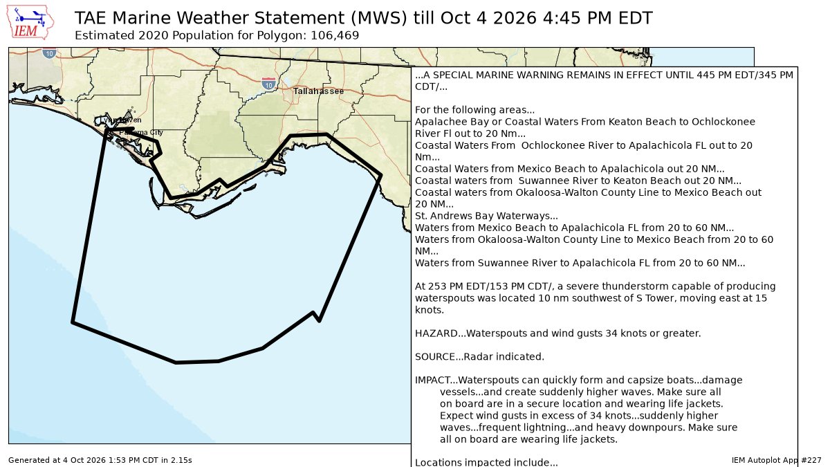 pcbwx's tweet photo. #TAE issues Marine Weather Statement (MWS) at Oct 4, 2:53 PM EDT for 9 forecast zones in [GM] ...A SPECIAL MARINE WARNING REMAINS IN EFFECT UNTIL 445 PM EDT/345 PM CDT/... https://t.co/pzKYnYW9bO https://t.co/qIG5T452ZY