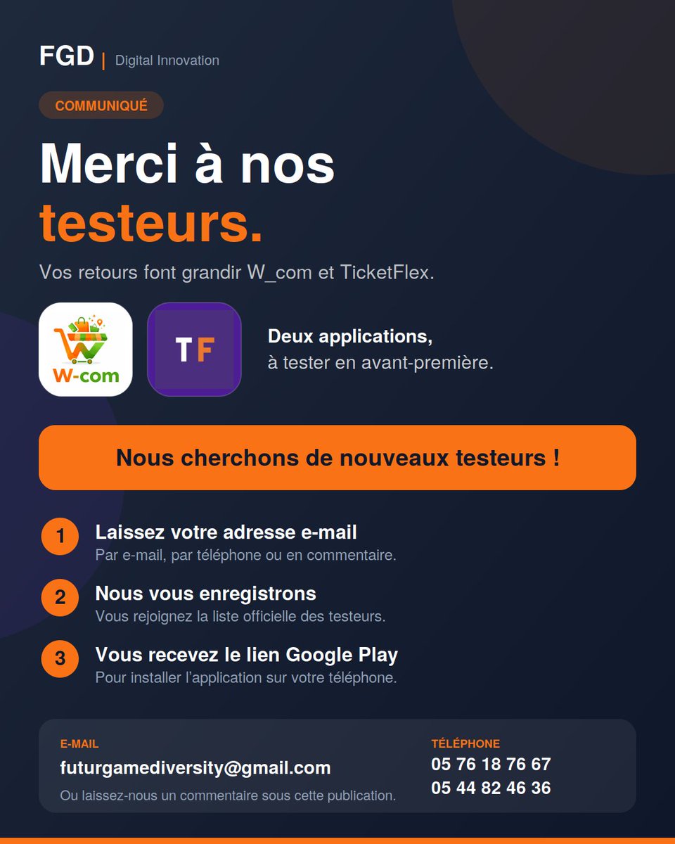 FGDCOMPANY's tweet photo. Merci à nos testeurs Vos retours comptent et cherchons d'autres!Vous voulez tester Laissez votre adresse mail, par message ou à futurgamediversity@gmail.com📞0576187667 · 0544824636On vous enregistre comme testeur,et on vous envoie le lien Google Play #FGD #W_com #TicketFlex https://t.co/tFibYlpTtH
