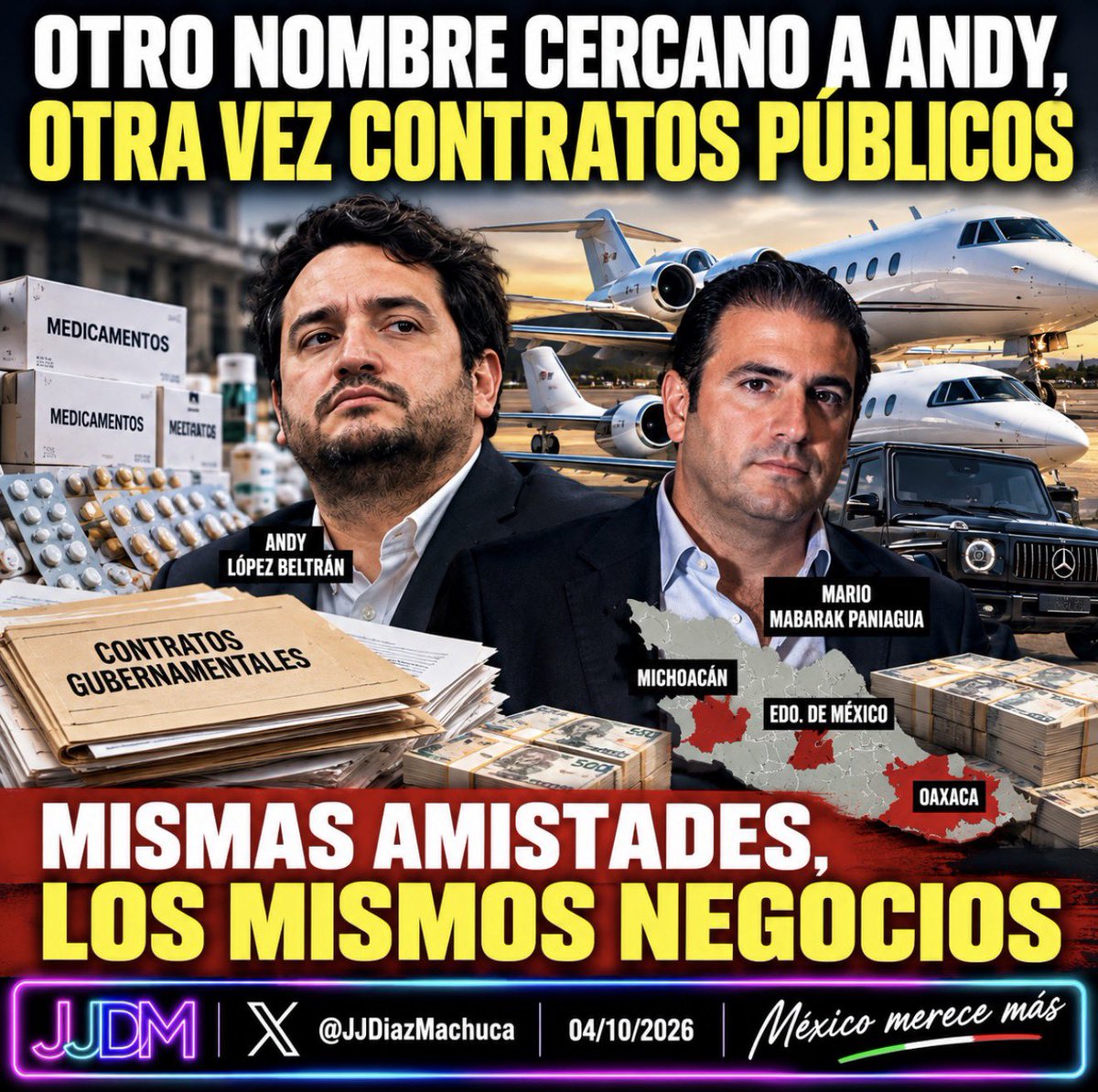 JJDiazMachuca's tweet photo. OTRO NOMBRE CERCANO A ANDY, OTRA VEZ CONTRATOS PÚBLICOS

Siguen apareciendo señalamientos sobre el círculo de Andy López Beltrán, mientras la presidente Claudia Sheinbaum (@Claudiashein) no anuncia acciones contra esos personajes ni contra Andy, el hijo de su antiguo jefe político.

El nombre es Mario Mabarak Paniagua.

Y no apareció apenas hoy. Desde agosto de 2025 su nombre ya había sido relacionado públicamente con Andy y con contratos millonarios en rubros como medicamentos, placas, publicidad oficial, servicios de alimentación y hasta recolección de basura.

Ahora Claudio Ochoa Huerta (@ClaudioOchoaH) afirma que Mabarak ha viajado en distintas ocasiones con Andy López Beltrán y que ha hecho negocios con contratos de medicamentos en Michoacán, Oaxaca y el Estado de México. También señala que dispone de un par de aviones para los traslados del hijo del expresidente y que ya estaría en la mira de la Unidad de Inteligencia Financiera.

Esos son los señalamientos publicados por Ochoa Huerta.

Pero el asunto que debería importar a los ciudadanos va mucho más allá de los viajes, los automóviles o los relojes:

hay que seguir el dinero público.

¿Qué empresas están relacionadas con Mario Mabarak Paniagua? ¿Cuántos contratos gubernamentales han recibido, por qué cantidades, de qué dependencias y mediante qué procedimientos?

Y la pregunta que no se puede esquivar: ¿qué relación hay entre esos negocios y su cercanía con Andy López Beltrán?

Porque ya ocurrió con Amílcar Olán Aparicio: un empresario cercano al círculo de los hijos del expresidente terminó públicamente relacionado con múltiples contratos gubernamentales.

Ahora aparece otro nombre cercano a Andy y otra vez hay contratos públicos en la historia.

Las amistades son asunto privado.

Los contratos pagados con el dinero de los mexicanos, no.
