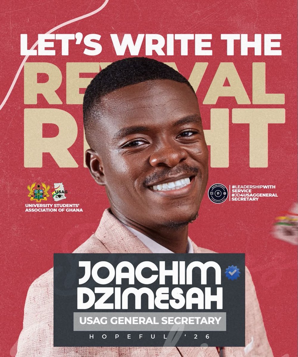 knustgazette's tweet photo. [A VENOM HAS STRUCK];

Joachim Dzimesah has been elected as the 24th University Students Association Of  Ghana General Secretary.

Congratulations and let’s write the revival right .

#KNUSTGazetteBulletin || #USAGElections26 https://t.co/4MmyGDsUHL