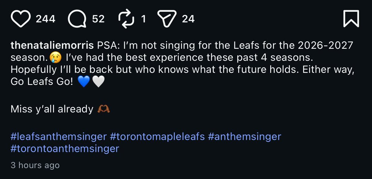 leafsicko's tweet photo. natalie morris confirms she won’t be singing for the leafs this season 😔 we’ve lost so much https://t.co/r23QXdnAL8