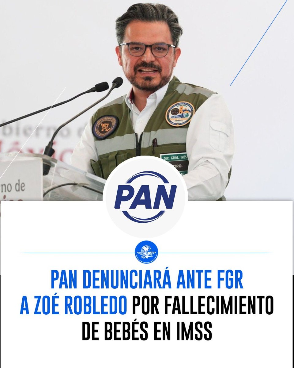 El_Universal_Mx's tweet photo. 🏥 Integrantes del PAN exigieron a la FGR fortalecer investigaciones y establecer responsabilidades contra el director general del IMSS, Zoé Robledo, luego de que en clínicas del instituto de salud fallecieron bebés en Durango y Jalisco.

📌 El partido blanquiazul aclaró que no criminaliza a médicos y enfermeros "porque sabemos muy bien que no reciben los insumos necesarios". La muerte de los ocho bebés "pone en la mira la mala administración de los hospitales del IMSS".

https://t.co/Xk40MoSdmV