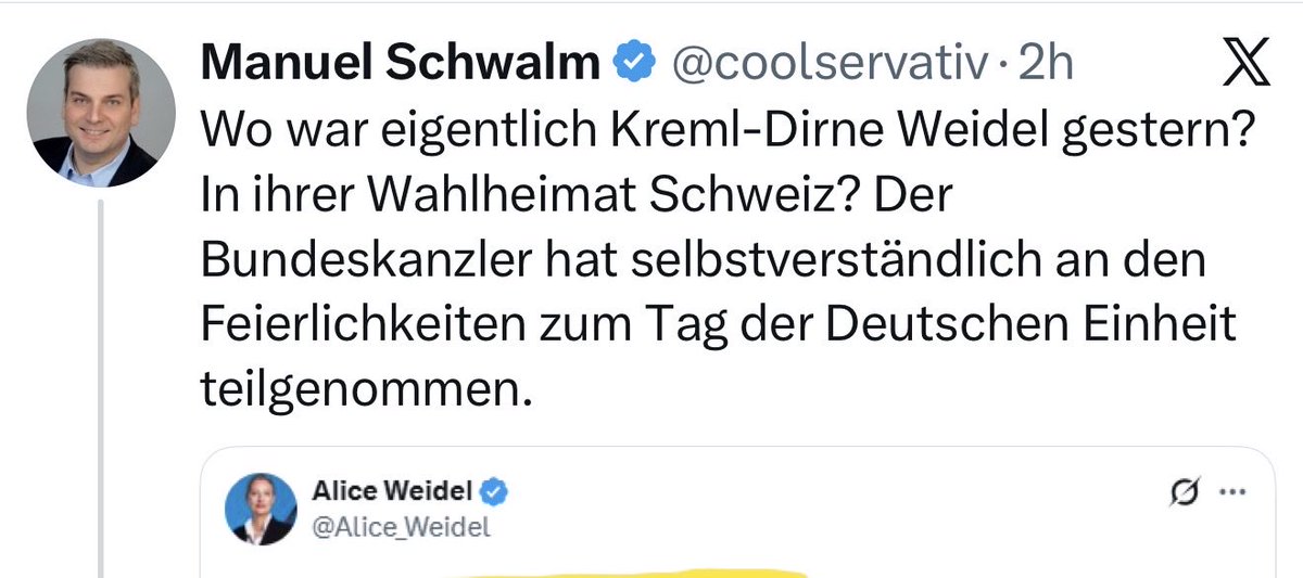 EdvonSchlep's tweet photo. Hallo @CDU @cducsubt Frage: wenn @coolservativ ein sogenannter CDU Influencer und Mitglied eurer Partei Dr. Weidel als Kreml Dirne bezeichnet, darf ich @bundeskanzler als Kiew Nutte oder Blackrock Hure bezeichnen? Ist das jetzt euer Stil im Umgang mit der @AfD ? https://t.co/Hg7pBqOcIq