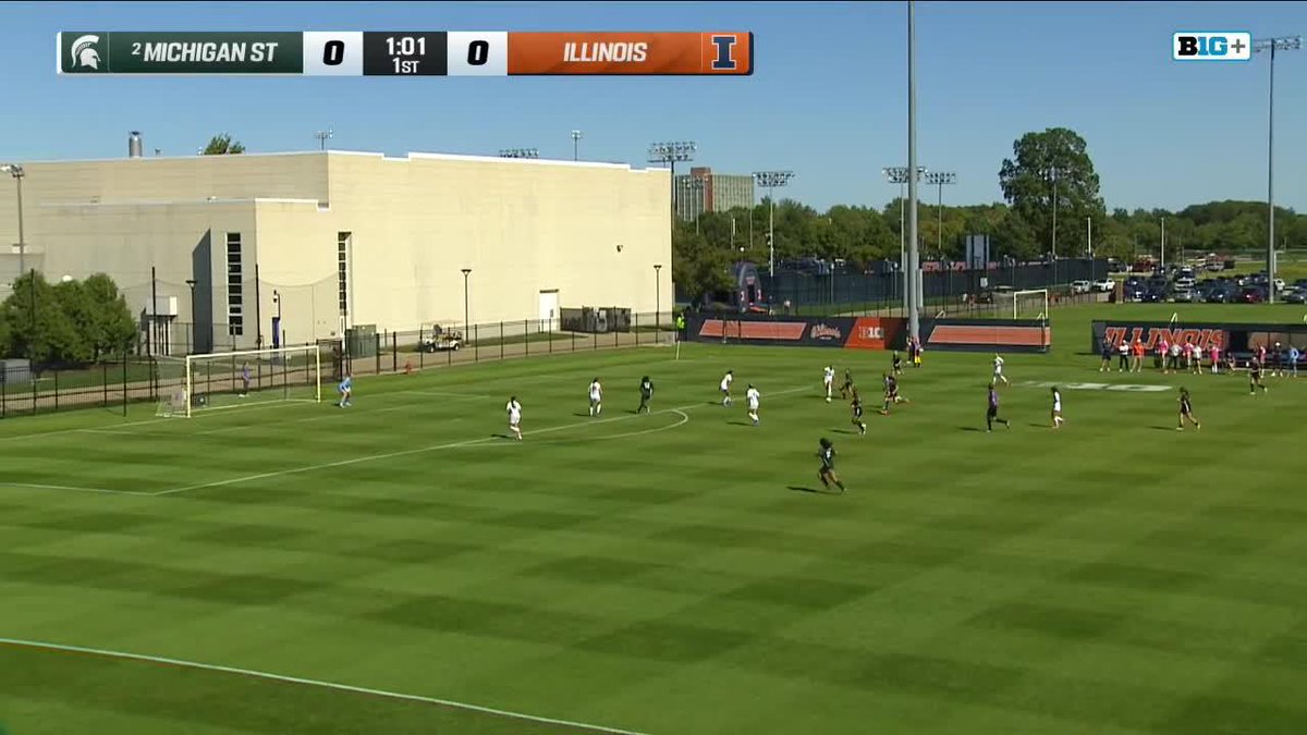 A women's college soccer match between #2 Michigan State and Illinois, with the score tied 0-0 at 1:01 in the 1st half, broadcast on Big Ten Plus.
