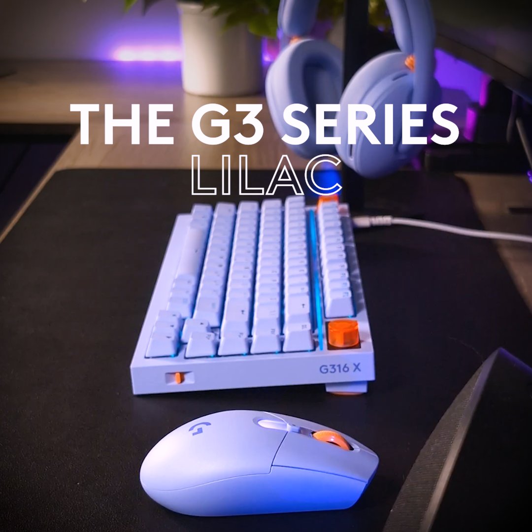 The Lilac G3 Series peripherals—including the G316 X keyboard and G305 X SUPERLIGHT mouse—are styled in a soft purple hue with orange accent details, shown alongside matching lilac headphones in a moody, RGB-lit gaming setup. The bold "THE G3 SERIES LILAC" text overlay emphasizes the colorway while showcasing the products ready to elevate any desktop aesthetic.