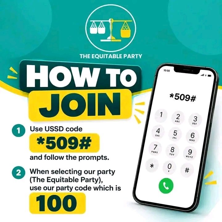 TheEquitable_Ke's tweet photo. To register, dial *509#.
Code is 100.
Thank you and you are all welcomed to The Equitable Party. https://t.co/S42lAKnkaf