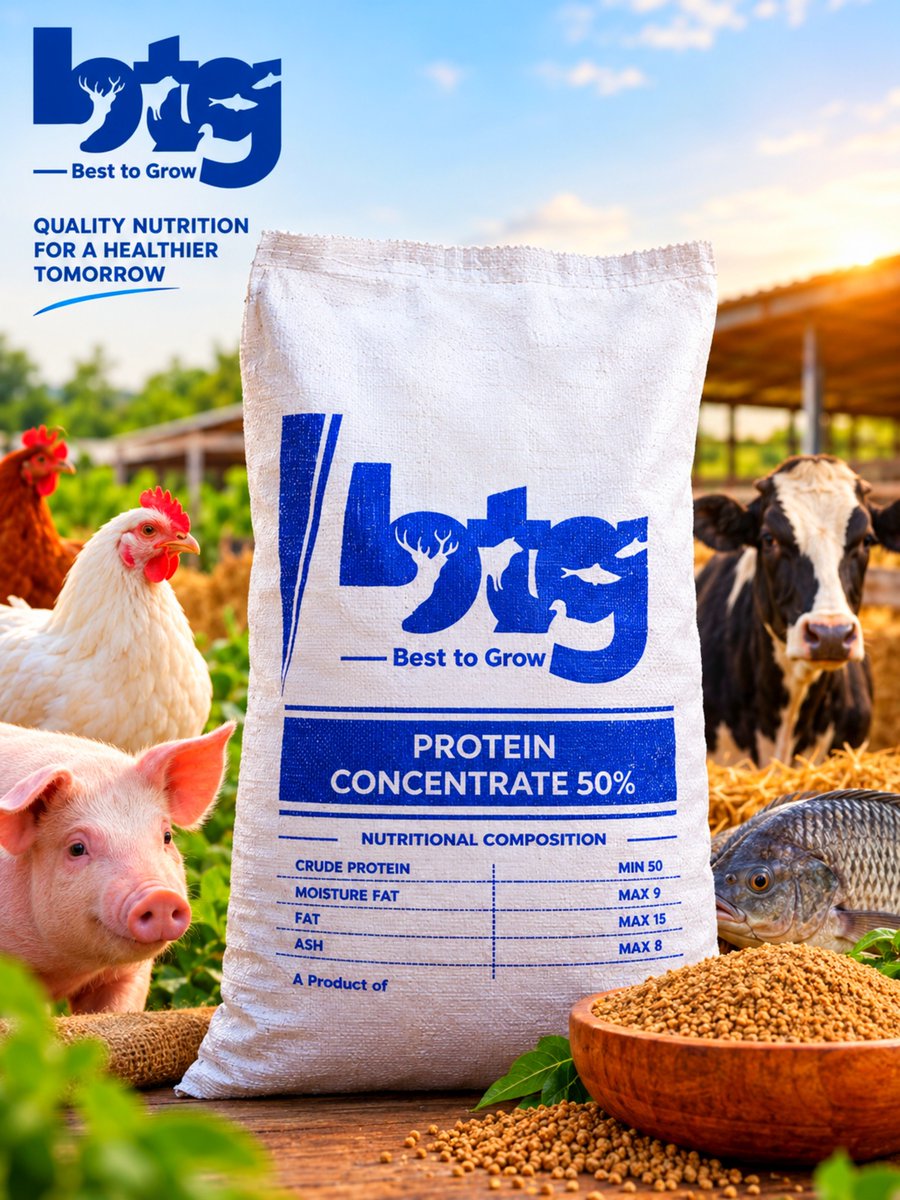 besttogrowwith's tweet photo. Looking for quality protein concentrate for your livestock and poultry? BTG Protein Concentrate is formulated to support better nutrition, healthy growth and productive farming. #BestToGrow #AnimalFeeds #FishFeeds #PigFeeds https://t.co/Xb0lQn5r8v
