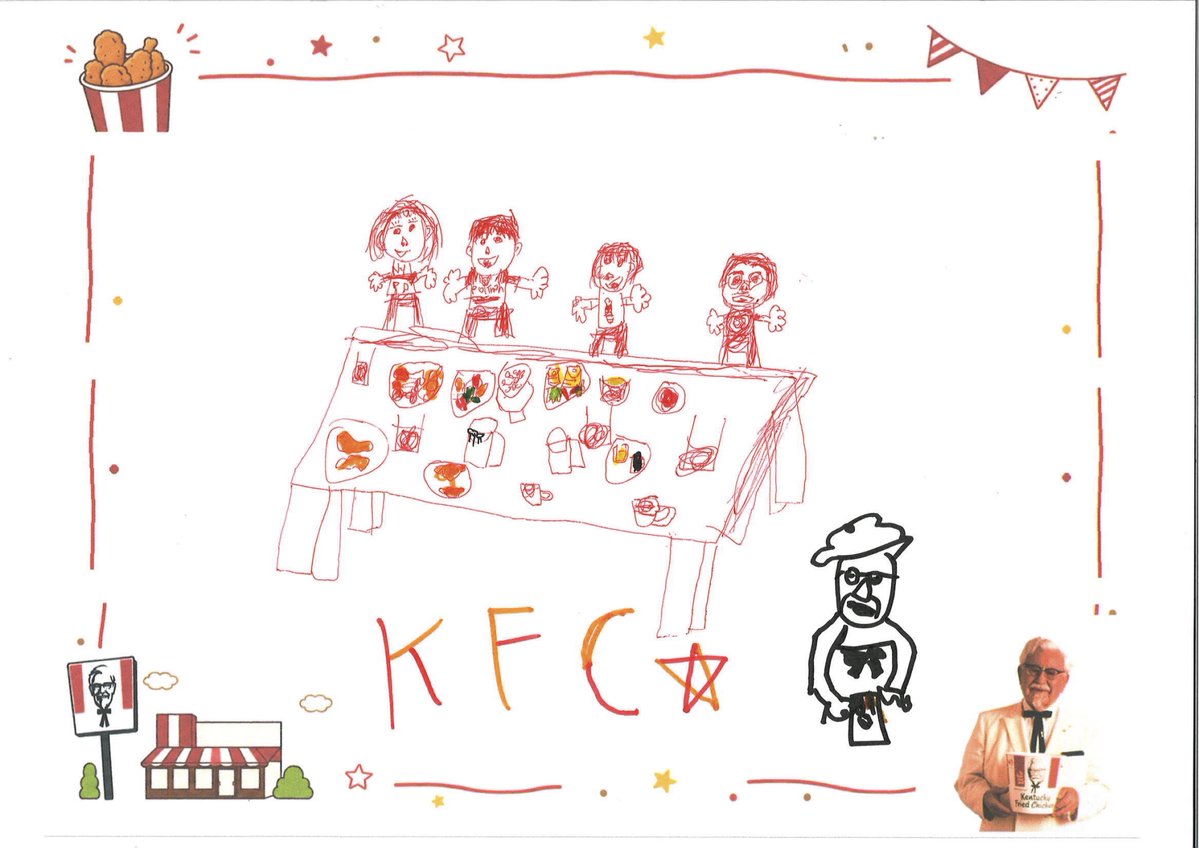 KFC_jp's tweet photo. ／
夏休みお絵かきイベントレポート
〜南町田グランベリーパーク店〜
＼

子どもたちが描いてくれた
「🎨オリジナルチキンお絵かき🍗」

素敵な作品をありがとうございました！
この絵を見ていたら、
子どものころ家族とKFCを食べた時間を思い出しました。
みなさんのKFCの思い出は？ https://t.co/oQ6EC8FXlb