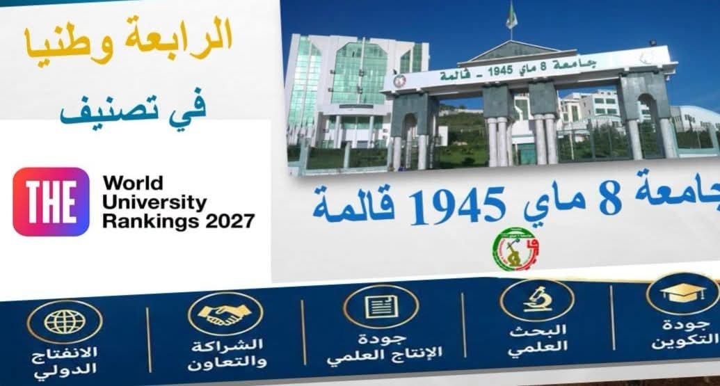 UnivGuelma's tweet photo. ⭕ظهور جامعة قالمة في #تصنيف_التايمز_العالمي للجامعات Times Higher Education لسنة 2027، رفقة 30 مؤسسة جامعية جزائرية، مما يعزز حضور جامعتنا على الساحة الأكاديمية.

⭕فهنيئًا للأسرة الجامعية بهذا الإنجاز مع مزيد من النجاحات والتميّز. https://t.co/UjNyYPIdeM