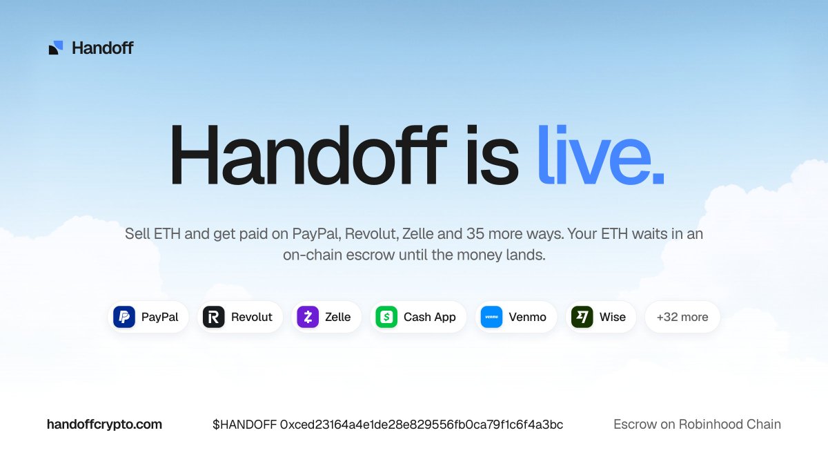 Handoffcrypto's tweet photo. handoff is live. sell your ETH and get paid on paypal, revolut, zelle and 35 more ways, with the ETH in an on-chain escrow until the money lands. 

https://t.co/Tw5aE0fXup
$HANDOFF:
0xced23164a4e1de28e829556fb0ca79f1c6f4a3bc https://t.co/akPXy0ikCq