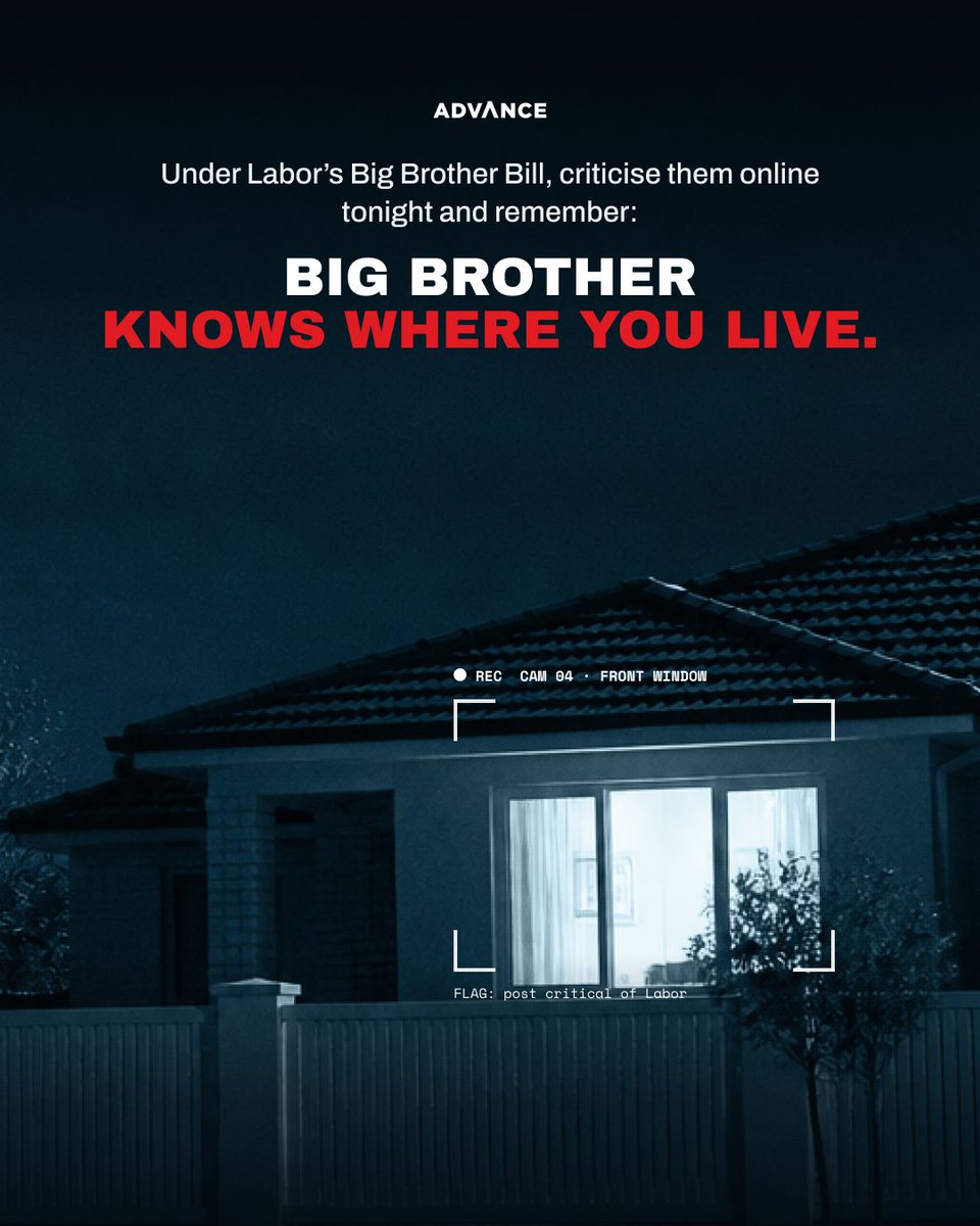 FairAusADV's tweet photo. Under Labor’s Big Brother Bill, criticise them online tonight and remember: Big Brother knows where you live. One post about Labor is all it takes to get flagged. https://t.co/kGZ7rCLUcX