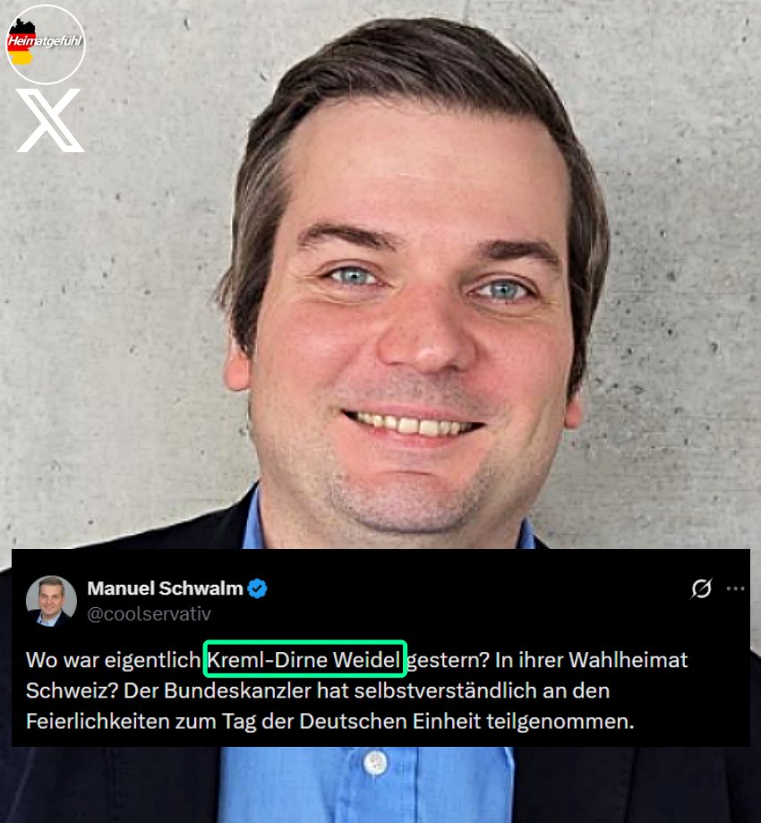 HeimatliebeDE's tweet photo. Das Werbegesicht der CDU, Manuel Schwalm beleidigt Alice Weidel auf X als „Kreml-Dirne“.

Ausgerechnet der Typ, der in seinem Profilbild ein Fake-Foto verwendet. Denn so (!) sieht der „Gute“ in der Realität aus.

Aber dieses Muster kennt man:
Personen, die Komplexe haben, beleidigen andere Menschen, um von sich selbst abzulenken.