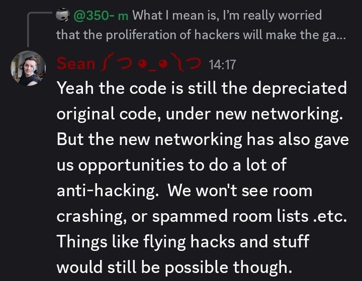 DoomAngryRoster's tweet photo. @skizzume Sean Fuckup Changelog V2.6
- Subscribed to CleanTalk, which doesn't allow most non english players!
- Map colliders can now be disabled by cheaters!
- Bosses now have a chance to not spawn! Hooray!
- Didn't rewrite the OG deprecated code because im Sean and I'm fat and a cuck! https://t.co/SUDyJuuPMu