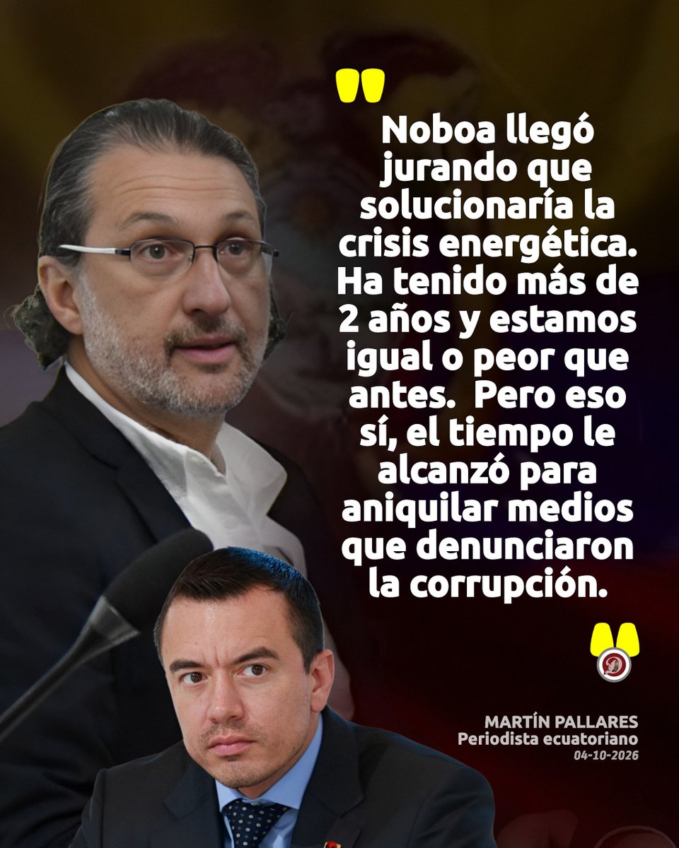 RadioDinamicaE's tweet photo. #ECUADOR || 🇪🇨🔥🚨 Martín Pallares cuestiona promesa de Noboa sobre crisis energética
 
Detalles
https://t.co/s6OqTNMm2p

Fuerzas Armadas https://t.co/eNOxZy4W0K