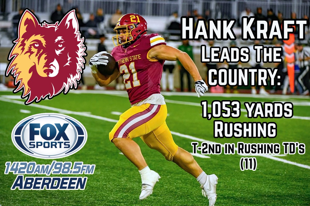 DavidTukesbrey's tweet photo. List of running backs in D2 Football over 1,000 yards:
1. @hank_kraft.
...
That's it. That's the list.
Hank leads @D2Football in rushing after his 191y rushing effort last night &amp; has rushed for 100y or more in every game this season. He has 1,053 for the season (and counting...) https://t.co/jjw4JCjAv7