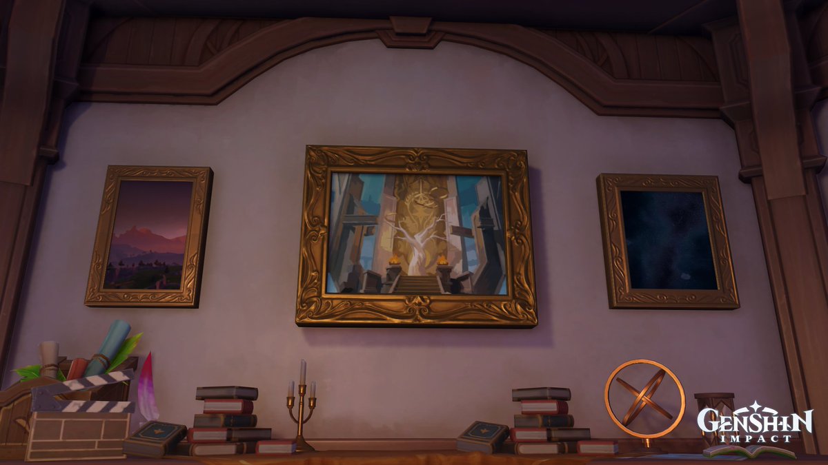 ceo_voyager's tweet photo. Nicole now also has a wall dedicated to Voyangel in her lodge. The picture on the left represents Koitar with the dawn, the one on the right references Anacharsis with the stars/outer space, and the picture in the middle represents the Irminsul tree under which they first met. https://t.co/GXQyyiOzF8