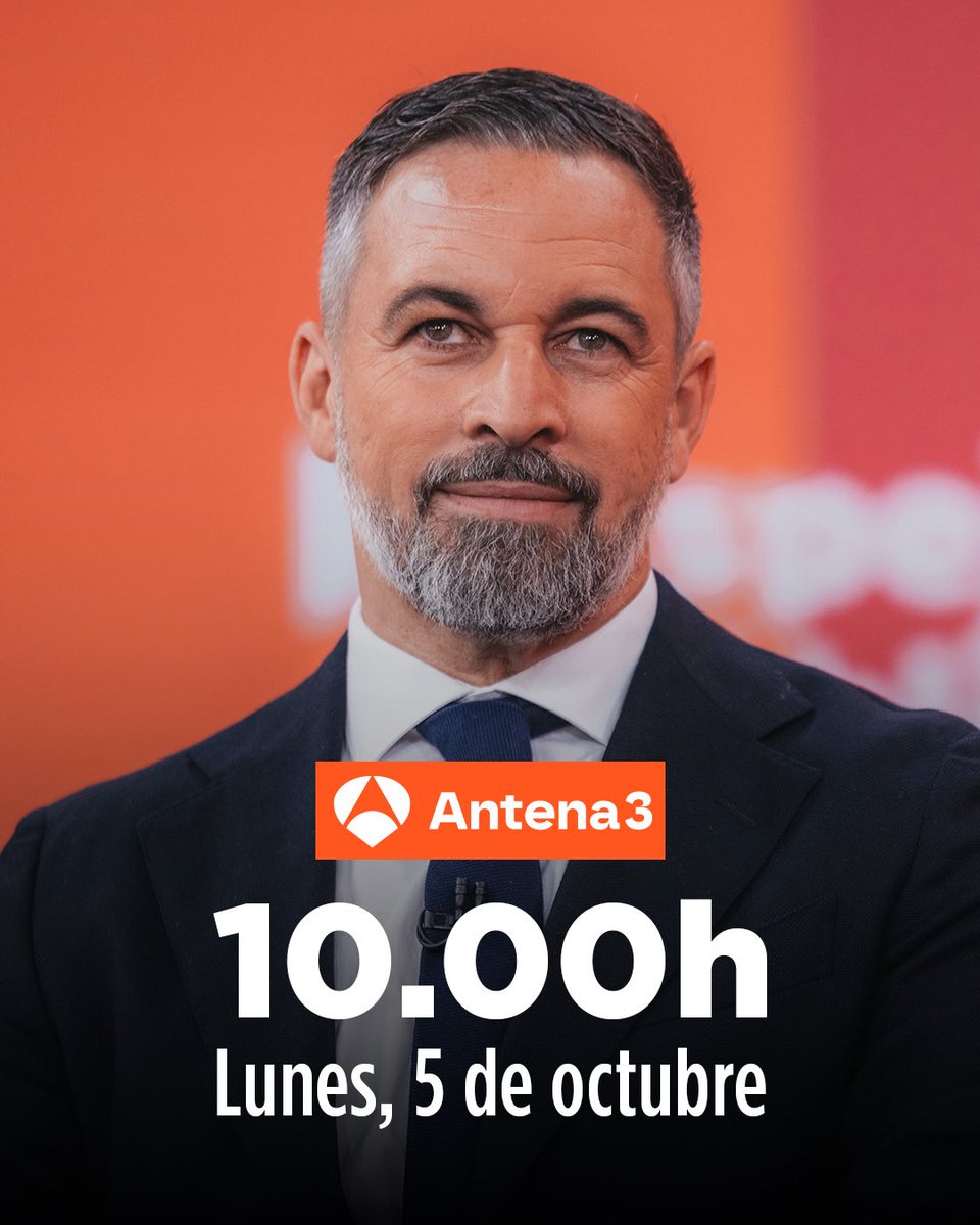 vox_es's tweet photo. Entrevista de @Santi_ABASCAL en Espejo Público.

📅 Lunes, 5 octubre.
🕐 A las 10:00 h. https://t.co/EncNvI1NKM