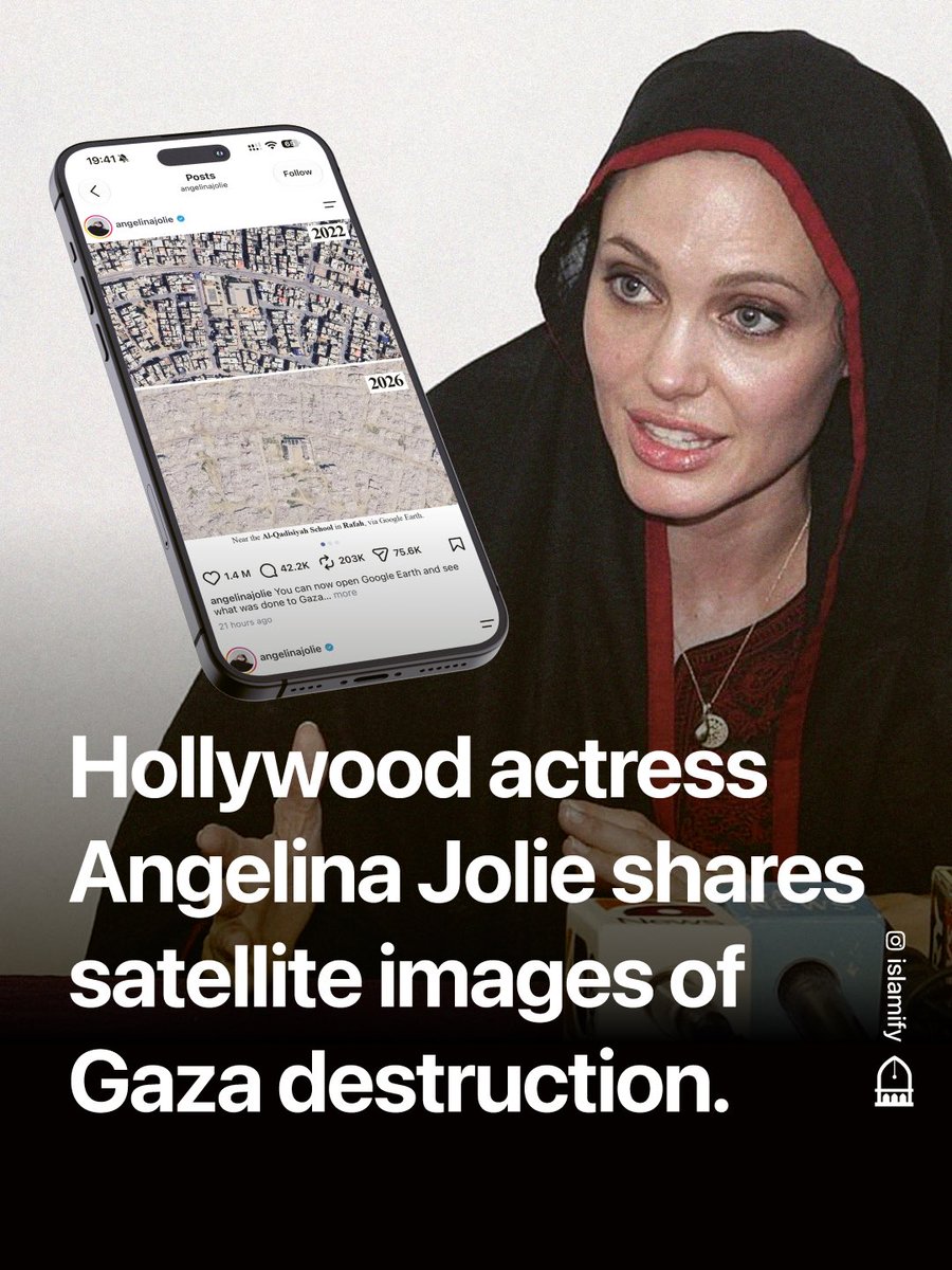Alhamdhulillaah's tweet photo. Hollywood actress Angelina Jolie shared images showing the devastating destruction across Gaza.

The actress posted satellite images comparing Gaza before and after the destruction by the occupation forces, highlighting the devastation of homes, schools, hospitals, roads and vital infrastructure.

Jolie cited UN analysis showing that 82% of Gaza’s structures had been damaged, with around two-thirds destroyed. She also called for urgent humanitarian aid, shelter and medical supplies for Palestinians.

“What it cannot show is what it means to live among it.”