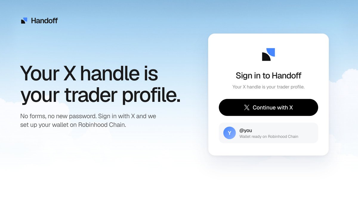 Handoffcrypto's tweet photo. no forms, no new password. sign in with X and your handle becomes your trader profile. https://t.co/ZjThnzI4xP
