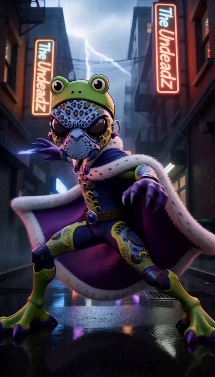 A digital illustration of a frog character wearing a frog mask and an ornate purple cape with fur trim, posing in an alleyway flanked by neon signs reading 'The Undeadz'.