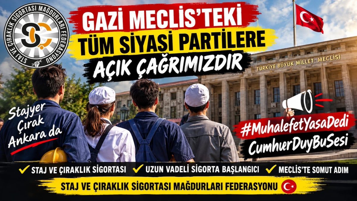 CirakStajFED's tweet photo. GAZİ MECLİS’TEKİ TÜM SİYASİ PARTİLERE AÇIK ÇAĞRIMIZDIR

@Akparti 
@AKGMTeskilat 
@yenipartiyiz 
@MHP_Bilgi 
@CHPBilgi_ 
@SaadetPartisi 
@iyiparti 
@YeniYolTBMM 
@devapartisi 
@DSPGenelMerkez
@bbpgenelmerkez 
@rprefahpartisi 
@zaferpartisi 
@anahtarparti 
@_DemokratParti 
@DSPGenelMerkez 
@DEMGenelMerkezi 
@tipgenelmerkez 
@emekpartisi

Sayın TBMM Başkanı,
Sayın Siyasi Parti Genel Başkanları,
Sayın Grup Başkanvekilleri ve Milletvekilleri,

Gazi Meclis yeni yasama yılına başladı. Şimdi, yıllardır çözüm bekleyen staj ve çıraklık sigortası mağduriyeti için Meclis iradesinin ortaya konulma zamanıdır.

Bizler; meslek liselerinde, çıraklık eğitim merkezlerinde ve zorunlu staj programlarında genç yaşta çalışma hayatına başladık. Atölyelerde, tezgâhlarda, işletmelerde ve fabrikalarda üretimin içinde yer aldık. Meslek öğrendik, çalıştık, ülkemizin üretimine katkı sunduk.

Çalışmaya başladığımız günler kayıt altına alındı. Sigorta girişlerimiz yapıldı. Bugün ise o ilk girişlerin sosyal güvenlikte uzun vadeli bir başlangıç olarak kabul edilmemesinin sonuçlarını yıllardır yaşıyoruz.

Bizim söylediğimiz açıktır: Çalışma hayatına girişimiz kayıtlıysa, o başlangıcın sosyal güvenlikte de karşılığı olmalıdır.

Aradan 40 yılı aşkın zaman geçti.

Artık bu konunun yeni açıklamalarla, yeni sözlerle ve yeni tarihlere ertelenerek geçiştirilmesini kabul etmiyoruz.

TBMM’DE SOMUT ADIM BEKLİYORUZ

TBMM’de bulunan bütün siyasi partilere açık çağrımızdır:

Staj ve çıraklık dönemlerinde yapılan sigorta girişlerinin uzun vadeli sigorta başlangıcı olarak kabul edilmesini sağlayacak kanun tekliflerinizi hazırlayın ve Meclis’e sunun.

Konunun bütün yönleriyle incelenmesi için Meclis araştırması yapılmasını sağlayın.

Komisyonlarda bu hakkın yanında durun.

Genel Kurul’da çözüm için iradenizi ortaya koyun.

Çünkü Gazi Meclis, milletin meselelerinin konuşulduğu kadar çözüme kavuşturulduğu yerdir.

Bizler hiçbir siyasi partiden ayrıcalık istemiyoruz.

Hakkımızın Meclis iradesiyle tanınmasını istiyoruz.

Bugün siyasi partilerin önünde açık bir görev bulunmaktadır. Staj ve çıraklık sigortası mağduriyetinin çözümü konusunda söylenen sözlerin artık yasama iradesine dönüşmesi gerekiyor.

Bizi dinlediğinizi söylemek yetmez.
Yanımızda olduğunuzu söylemek yetmez.
Kanun teklifinizi verin.

Çünkü 40 yılı aşkın süredir bu hakkın peşinden giden milyonlarca insan, artık sözlerin değil, Meclis’te atılacak somut adımların sonucunu görmek istiyor.

Bizler geçmişin çırakları, bugünün ustaları olarak buradayız.

Ürettik. Çalıştık. Meslek sahibi olduk. Türkiye’nin sanayisine, ticaretine ve üretim gücüne katkı sunduk.

Şimdi sıra, bu emeğin ve çalışma hayatına atılan ilk adımın sosyal güvenlikte karşılığını vermektedir.

SÖZ DEĞİL, KANUN İSTİYORUZ.

KAYIT VARSA, BAŞLANGIÇ VARDIR.

HAK, BAŞLANGIÇTA BAŞLAR.

Staj ve Çıraklık Sigortası Mağdurları Federasyonu🇹🇷

Stajyer Çırak Ankara'da 
#MuhalefetYasaDediCumhurDuyBuSesi