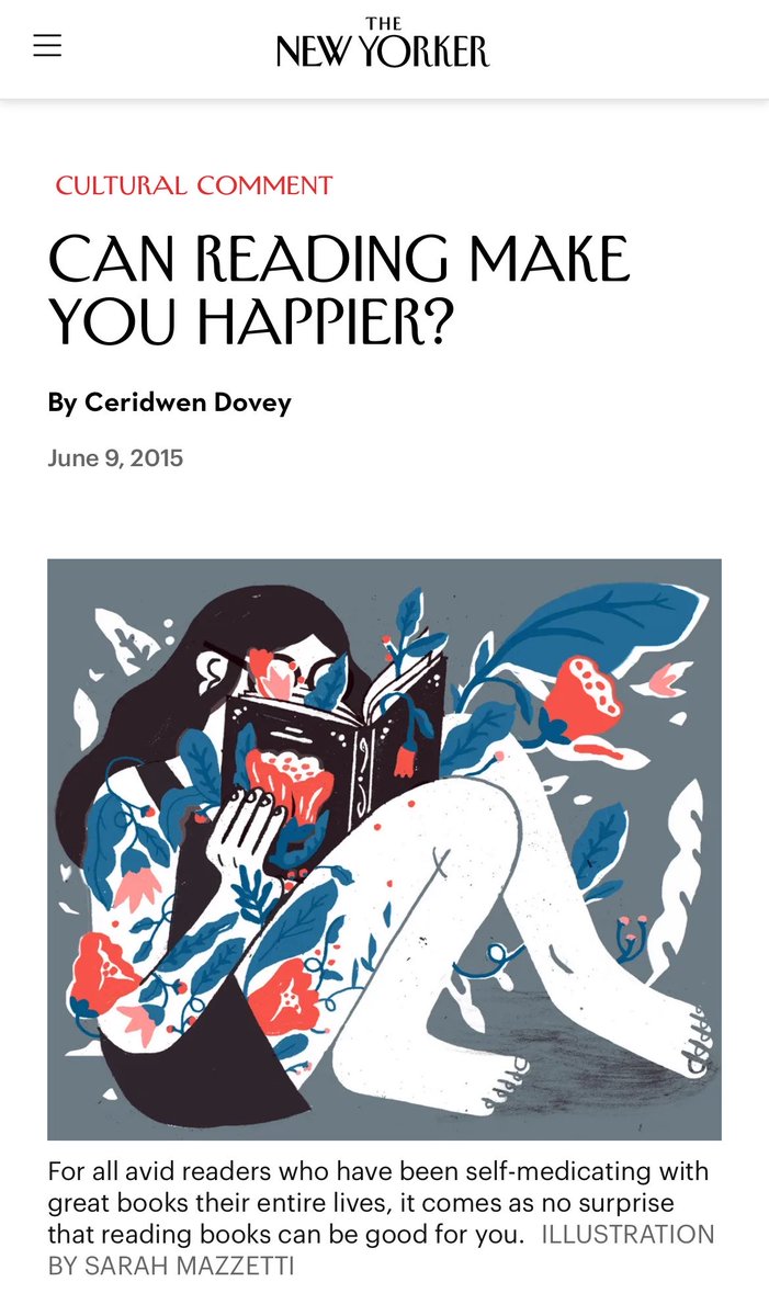 sanz_ismael's tweet photo. Puede leer hacernos más felices? The New Yorker recupera la idea de la biblioterapia: usar novelas y otros libros para afrontar duelo, ansiedad, cambios vitales o simplemente entender mejor lo que nos pasa. La lectura no solo informa: también puede ofrecer distancia, consuelo y nuevas formas de interpretar la propia experiencia. https://t.co/qdUj1OzvJs