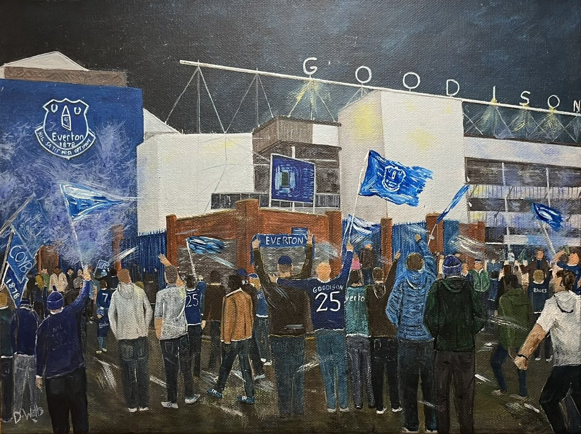 whopo's tweet photo. @Everton Saying goodbye to the Grand Old Lady an acrylic painting by D Watts. #Everton #GoodisonPark #football #paintings https://t.co/exEomtDSiB