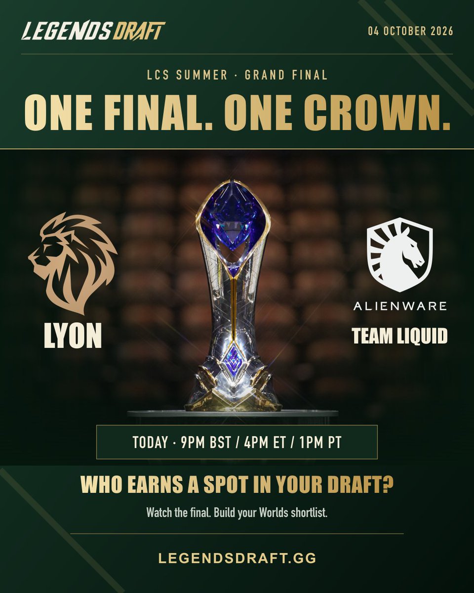 LegendsDraftgg's tweet photo. One crown. NA’s first seed at Worlds. 🏆

@LyonLATAM vs @TeamLiquidLoL.

Both are heading to Swiss—but who goes as champions, and who makes your Legends Draft squad? 👀

https://t.co/kXwzAz2D8M

#LCS #Worlds2026 #LegendsDraft https://t.co/F2hzNRppUN