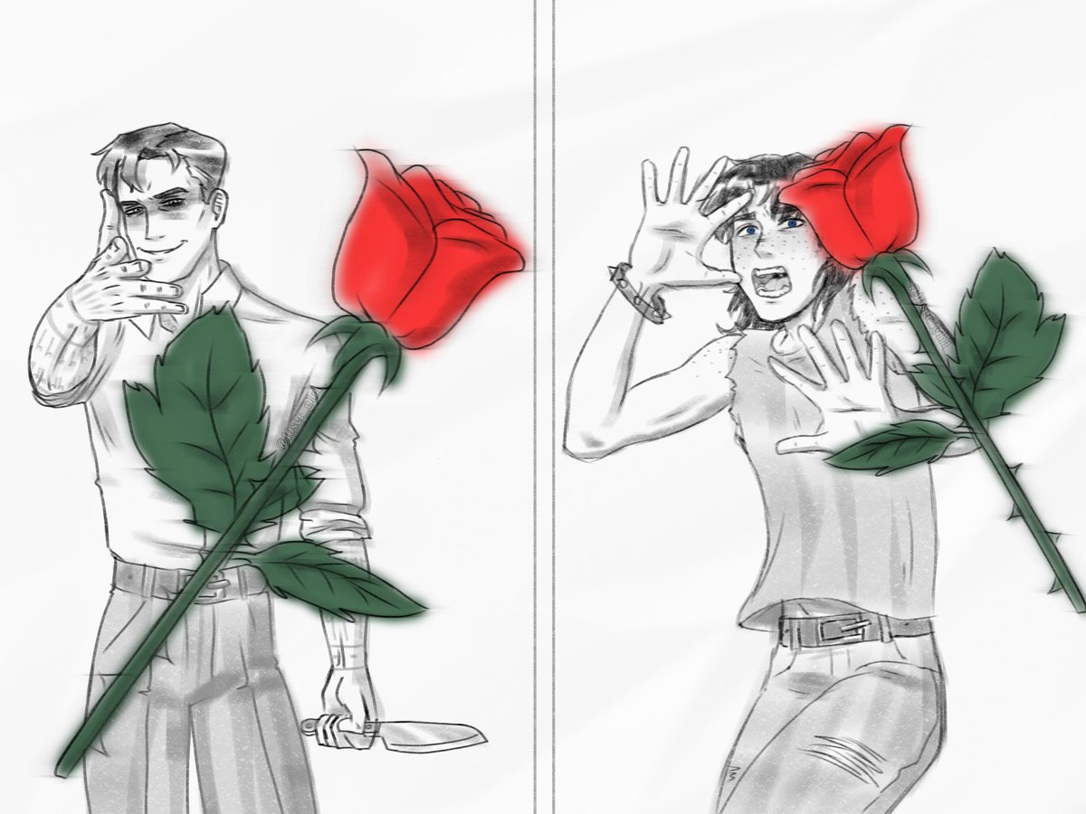 l0ser_g1rl_'s tweet photo. Speaking of Willmike and roses......saw this meme format and had to redraw it as them. Michael is just really shy!! (read: terrified) #willmike #aftoncest https://t.co/bDpg7LDblM
