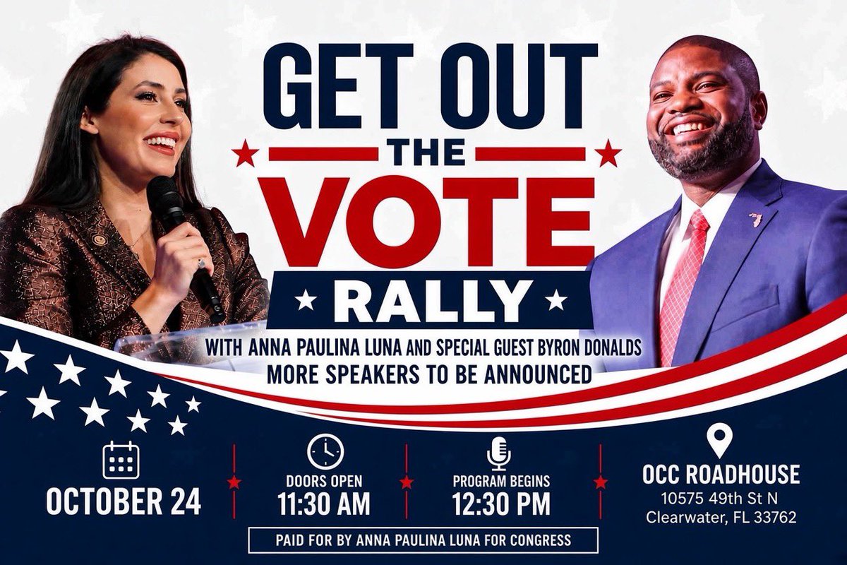 realannapaulina's tweet photo. Get Out the Vote Rally with me and Special Guest @ByronDonalds! 

Registration required.  
MORE SPEAKERS TO BE ANNOUNCED🚨
 
Doors Open: 11:30 AM
Program Begins: 12:30 PM

Free event, register here: https://t.co/zZt5qZm8cj https://t.co/rvugl4783j