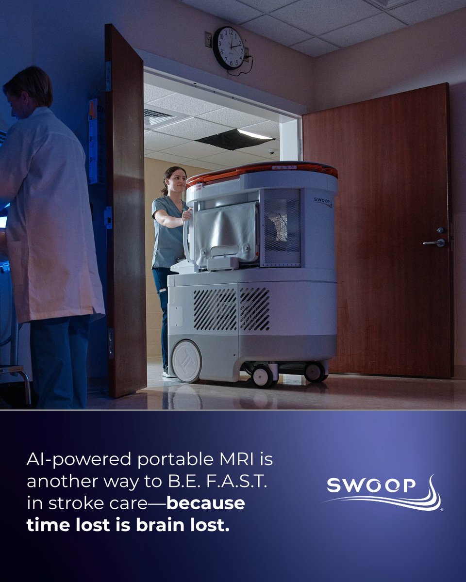 Hyperfine's tweet photo. When #stroke is suspected, timely imaging can help guide critical care decisions. In this case, a 63-year old patient presented to the ED with suspected stroke. The Swoop® system was driven to the patient's bedside and ready to scan within minutes following an inconclusive CT scan. The Swoop system images allowed clinicians to confirm a right anterior choroidal infarct. Thrombolytic therapy was administered, and patient was transferred to stroke unit for monitoring and management. If you’re heading to #ACEP26 in Chicago Oct 5-7, let’s discuss the role of portable brain MRI in #emergencycare. Visit Hyperfine Booth 4220
#Hyperfine #PortableMRI #MedTech