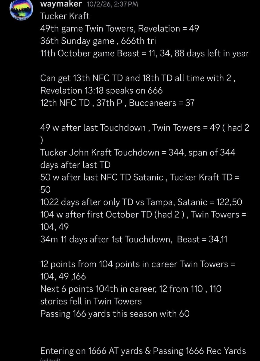 waymakerlil's tweet photo. Kraft scores in 49th game 49 weeks after last TD on 10/4 Twin Towers = 104,49 
#gematria #nfl #gopackgo https://t.co/RmIMCQIsIv