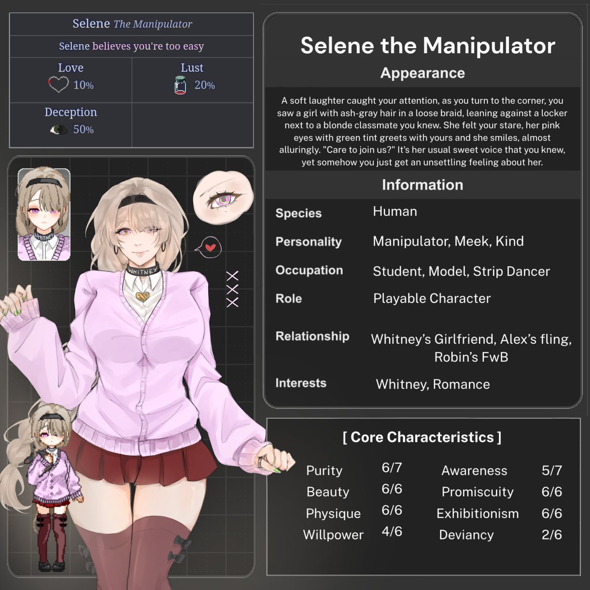 Akixxrosem's tweet photo. Finally done making a short intro for Selene ^^

#dol #dolpc #DegreesofLewdity https://t.co/jGPdxpg61b