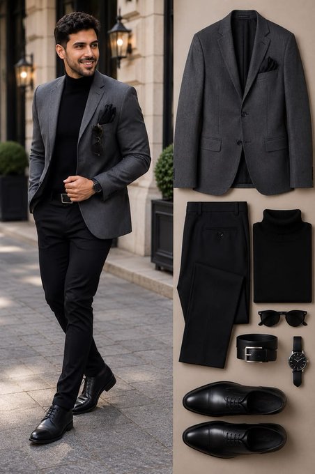 The image showcases a polished business casual outfit, featuring a tailored charcoal grey blazer paired with black slim-fit trousers and a black turtleneck, worn by a smiling man walking outdoors, alongside a flat-lay breakdown of the components including the blazer, trousers, turtleneck, black belt, watch, sunglasses, and black leather oxford shoes. This styling example directly illustrates the post's theme of sophisticated business casual ensembles suitable for the modern man.