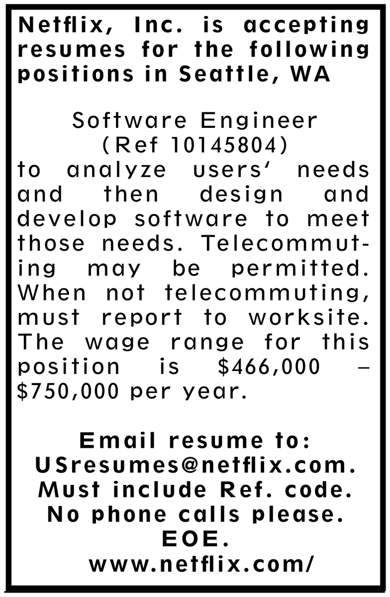 JobsNowPR's tweet photo. Why is Netflix advertising this fully remote software engineering job in the Seattle Times Classifieds this week - but the same job isn't listed on their career website?

We bet a lot of Americans would take a fully remote job at Netflix for a $750k salary! https://t.co/7zQSjaSsHW