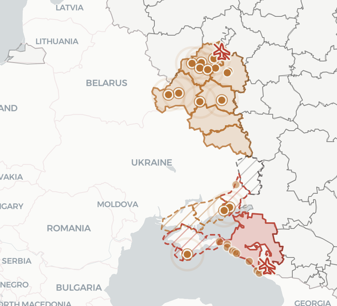 The image is a map of Eastern Europe highlighting Russian regions under air raid threats, with orange markers and shaded zones indicating missile threat declarations concentrated in southern Russia near Krasnodar Krai, aligning with the post about escalating air raid sirens in the region.
