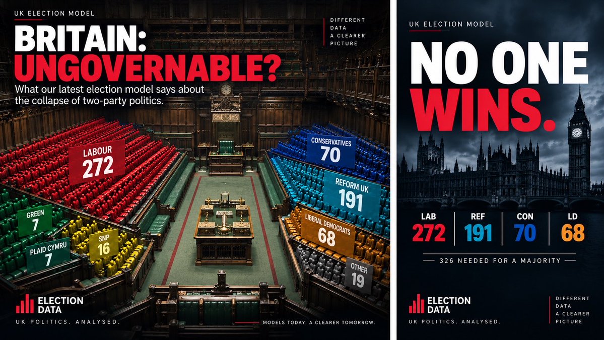 EnglishFox_N's tweet photo. 🚨 Our latest UK election model:
LAB 272 REF 191 CON 70 LD 68
No majority. Labour governs on just 27.1%. Reform surges. The Conservatives collapse.
This isn't just a hung parliament.
It could be the election that breaks Britain's two-party system. https://t.co/yPeVqaFRsd