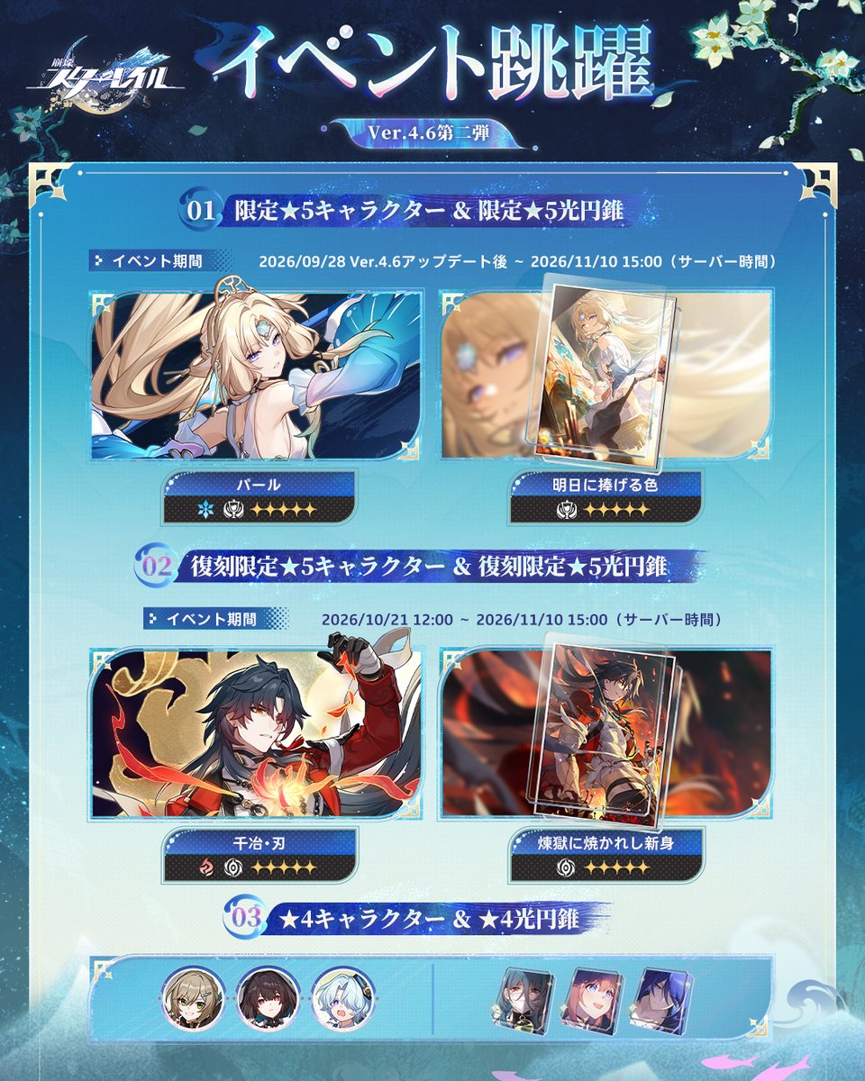 houkaistarrail's tweet photo. Ver.4.6イベント跳躍・その2

親愛なる開拓者様へ
限定★5キャラクター「パール（愉悦・氷）」と限定★5光円錐「明日に捧げる色（愉悦）」の出現率が期間限定でアップします。★4キャラクター「青雀（知恵・量子）」「雪衣（壊滅・量子）」「ミーシャ（壊滅・氷）」と★4光円錐「手術後の会話（豊穣）」「惑星との出会い（調和）」「終わりなき舞踏（虚無）」の出現率が期間限定でアップします。今期のイベント跳躍の開催期間は2026/09/28 Ver.4.6アップデート後 ～ 2026/11/10 15:00 (サーバー時間)となります。
限定★5キャラクター「千冶・刃（虚無・炎）」と限定★5光円錐「煉獄に焼かれし新身（虚無）」が復刻されます。跳躍の開催期間は2026/10/21 12:00 ～ 2026/11/10 15:00 (サーバー時間)となります。

▼もっと見る
https://t.co/GiVIUZKaOX

#崩壊スターレイル 
#スターレイル