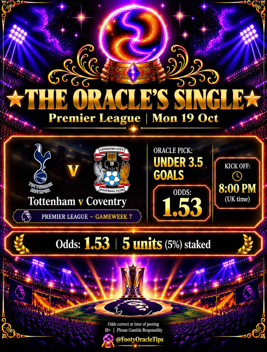FootyOracleTips's tweet photo. Single tonight, and it's the one the numbers back.

🔮 THE ORACLE'S SINGLE | Mon 19 Oct

Tottenham v Coventry: Under 3.5 Goals, 1.53

Spurs have 3 points from 6 league games (D3 L3), scoring 3 and conceding 9. At home they've lost 2-0 to Newcastle, drawn 0-0 with Everton and lost 3-2 to Villa, scoring 2 goals in 3 games.

Coventry have won 2 and lost 4, with 5 goals scored and 11 conceded. Away from home they've won 1-0 at Forest, lost 1-0 at City and lost 3-0 at Arsenal. Five of those six games finished with 3 goals or fewer. Backing under 3.5 goals.

5 units (5%) staked → 7.65 units returned

Odds are from this morning and correct at time of posting.

18+ | Please Gamble Responsibly

#FootyOracleTips #PremierLeague #THFC #spurs #epl