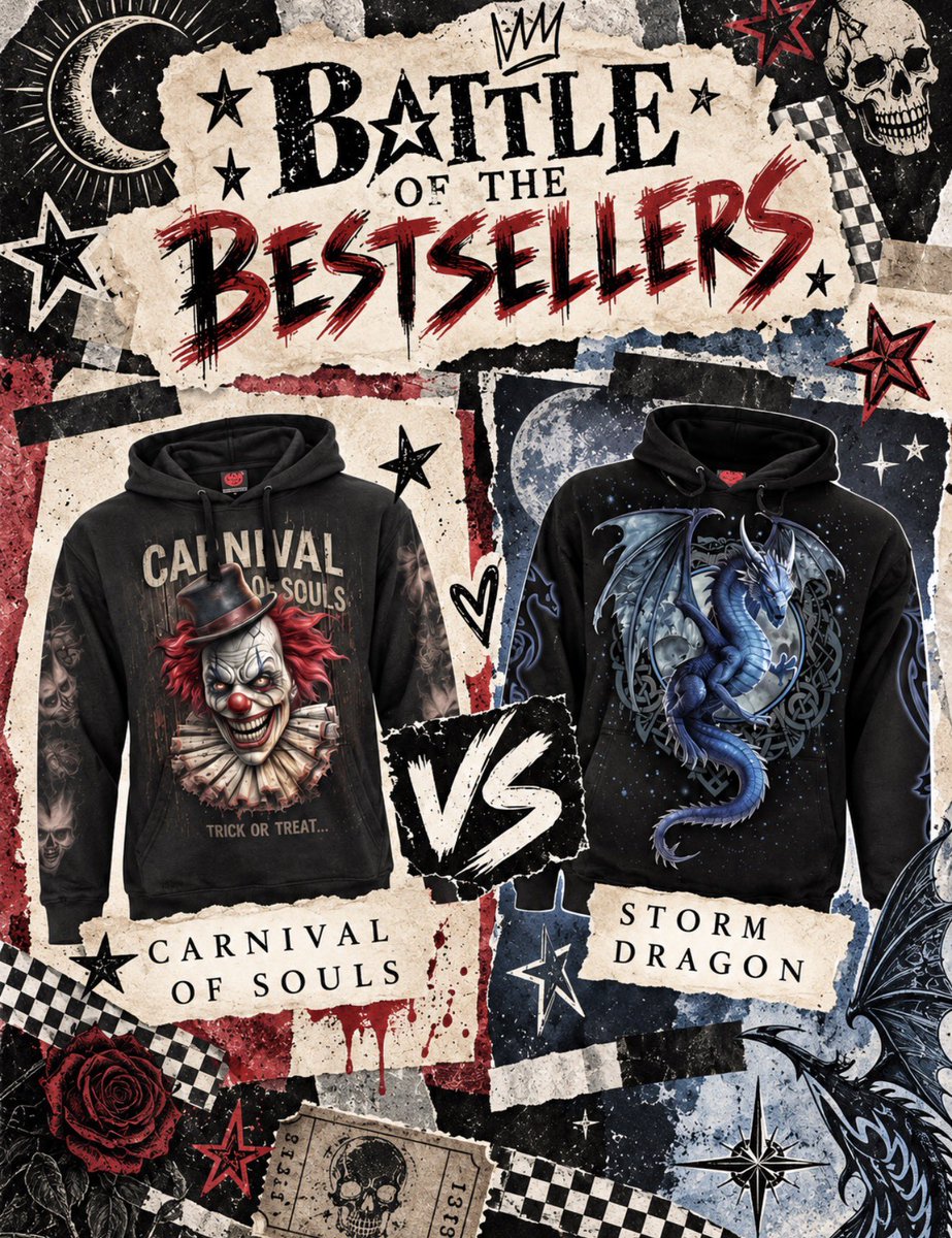 SpiralDirect's tweet photo. 🔥 BATTLE OF THE BESTSELLERS! 🔥

Two epic hoodies. One tough choice! 💀🐉

🎪 Carnival of Souls VS Storm Dragon ⚡

Which one gets YOUR vote? 👇

❤️ Team Carnival or 💙 Team Dragon? https://t.co/gDBrsHrXL4