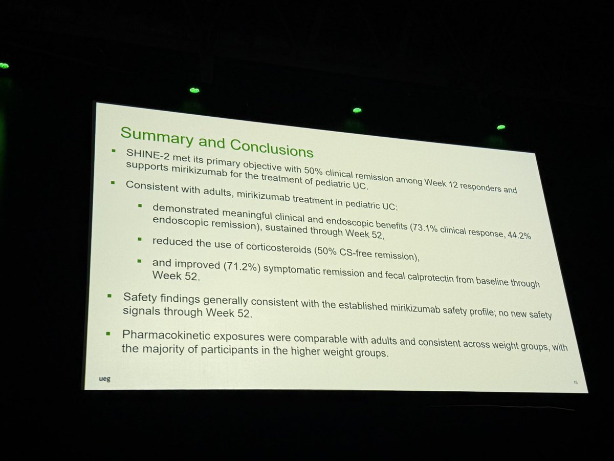 DCharabaty's tweet photo. 📣Great news for #PedsIBD from @my_ueg 

⚠️#Mirikizumab may become the 1st IL23 approved to treat UC in kids  #SHINE2

73% clinical response
50% CS-free remission 
44% endo remission through week52
No new safety signal 

#UEGWeek https://t.co/pYtaj4DgpT