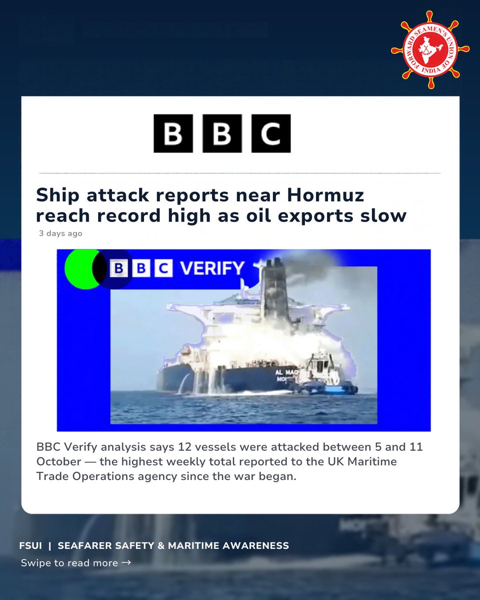 FSUIINDIA's tweet photo. Ship attacks near the Strait of Hormuz have reached alarming levels, putting commercial shipping and seafarers at growing risk.
FSUI calls for urgent action to protect seafarers and ensure their safety in conflict zones.

@dgshipping_IN @shipmin_india @imohq  @ITFAPAC @bbcworldservice @Daily News @NationalSecurityJournal.org