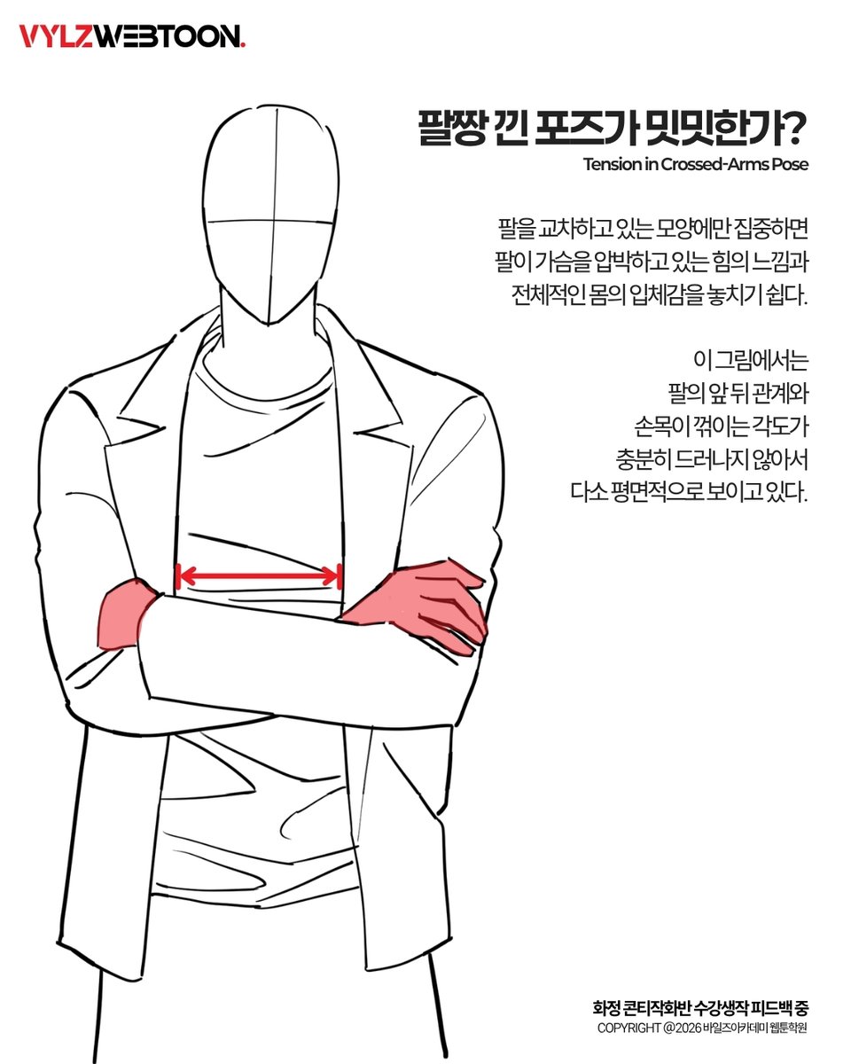 vina_academy's tweet photo. 팔짱 낀 캐릭터가 밋밋하게 느껴진다면..
팔이 몸통을 감싸는 입체감과
손목의 각도를 다시 보자.

가슴 면적은 좁게, 팔 겹침은 분명하게,
손목은 확실히 꺾이게 표현해주어야
긴장감이 살아있는 팔짱이 된다!

- 화정 콘티작화반 
수강생작 피드백 중.. https://t.co/hj70V3FeQH