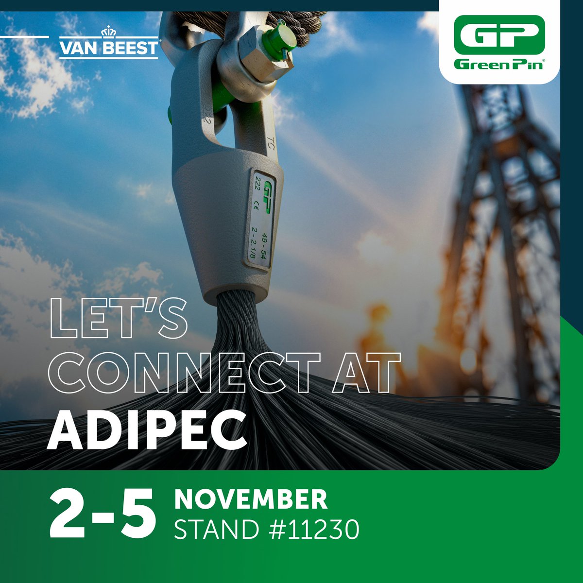 VanBeestBV's tweet photo. 𝗟𝗲𝘁’𝘀 𝗰𝗼𝗻𝗻𝗲𝗰𝘁 𝗮𝘁 𝗔𝗗𝗜𝗣𝗘𝗖

Join us in Abu Dhabi, 2–5 November, and discover the Green Pin® Closed Spelter Socket. A true centrepiece of rigging!

📍 Visit us at stand #11230.

#greenpin #adipec #rigging #wirerope #energyindustry https://t.co/EmmFchaVot