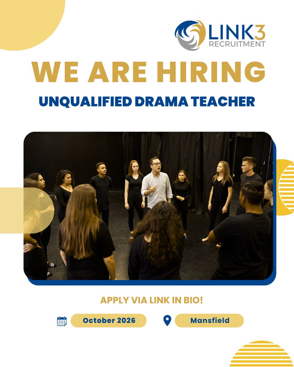 Link3Rec's tweet photo. We're hiring: Unqualified Drama Teacher in Mansfield💡
Apply Now! - https://t.co/8aBRCZGGpc
With exceptional training and competitive rates, why look elsewhere?
🔗 Get in touch with a member of the team today!
☎️ 0115 697 2550 📧 contact@link3recruitment.co.uk
#teacher #jobsearch https://t.co/AgFF4irXEP