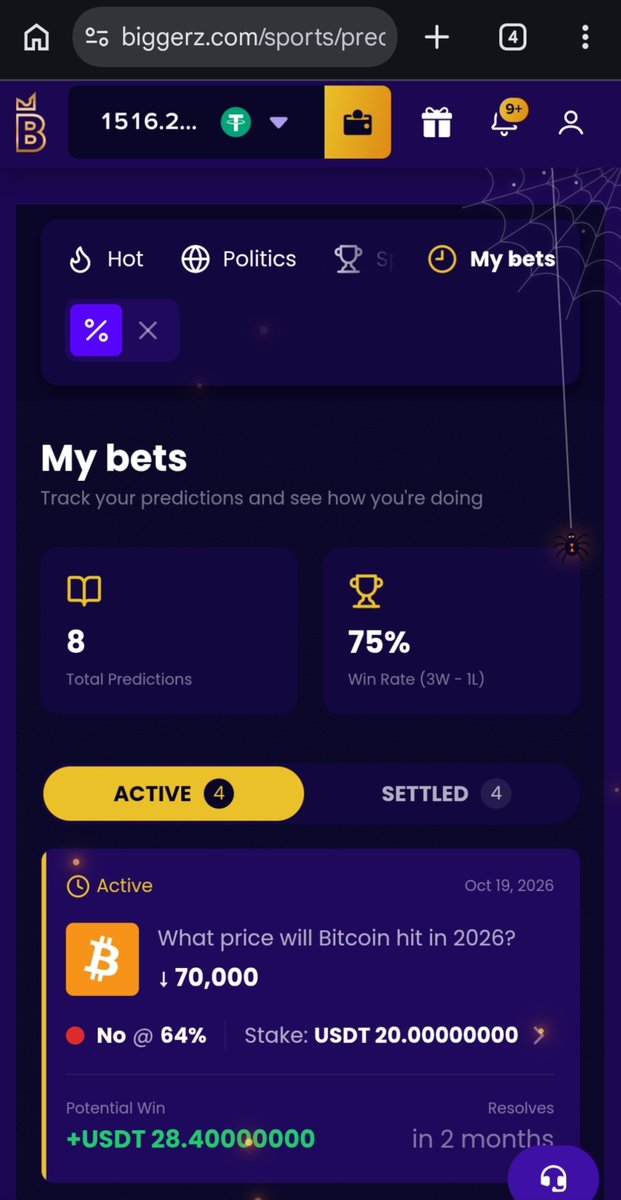 Bahar3479's tweet photo. I think  prediction and sports section on @biggerz is honestly next level  🎯🔥

Just locked in my bets and checking that 75% win rate feels so satisfying.

 From smooth match slips to epic crypto predictions, everything runs so flawlessly. 

While others give endless wager traps, @biggerz delivers real value, fast payouts and zero stress 

Easily my absolute No 1 choice @biggerz 👑
